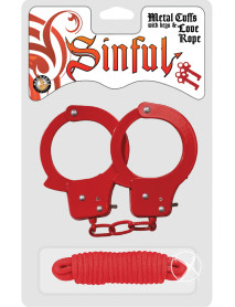 Sinful Metal Cuffs W/keys Love Rope Red