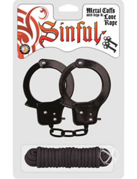 Sinful Metal Cuffs W/keys Love Rope Blac