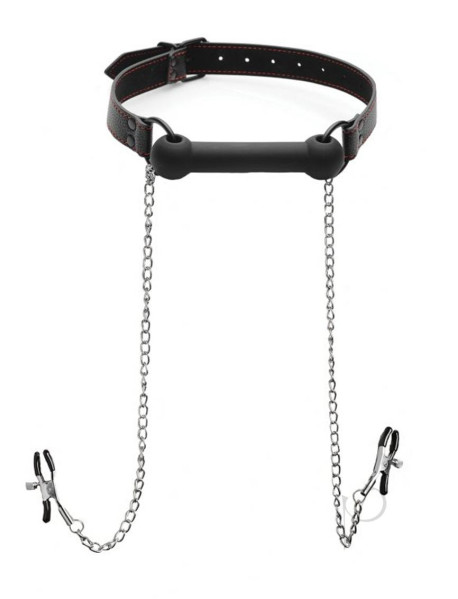 Strict Bit Gag With Nipple Clamps Black