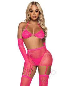 Rhinestone Garter/bikini 5pc Os Pink