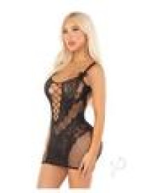Lace Net Mini Dress Dual Strap Blk Os