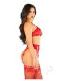 Lace Bra Duo Strap Gstring Garter Red Os