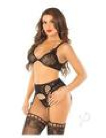Lace Bra Duo Strap Gstring Garter Blk Os