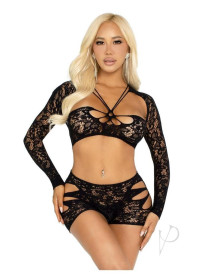 Lace Cut Out Bra Shrug Boyshort 2pc Blk