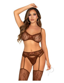 Lace Bra Bow Gstring Garter 3pc Cocoa Os