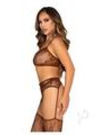 Lace Bra Bow Gstring Garter 3pc Cocoa Os