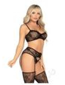 Lace Bra Bow Gstring Garter 3pc Blk Os