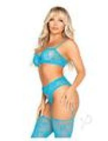 Lace Bra Bow Gstring Garter 3pc Nblu Os