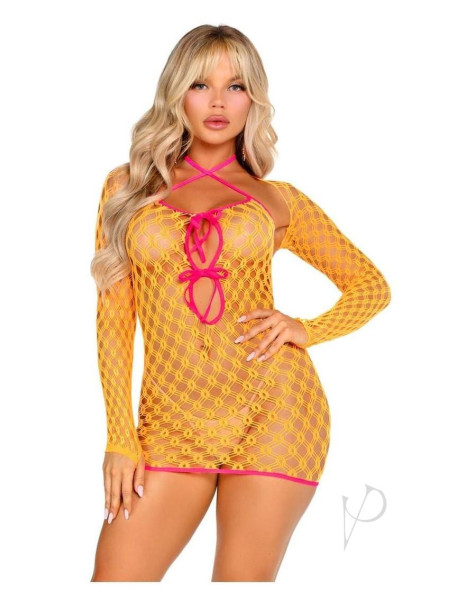 2 Pc Eyelet Net Mini Dress With Tie-fron