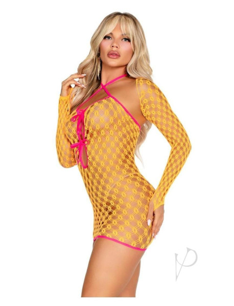2 Pc Eyelet Net Mini Dress With Tie-fron