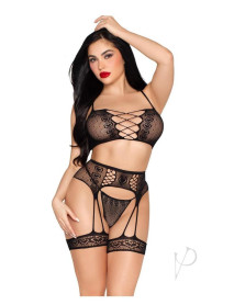 Dotted Bra Gstring Garter Os Blk 3pc