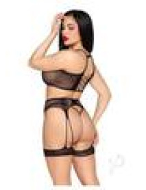 Dotted Bra Gstring Garter Os Blk 3pc