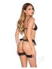 Lace Bra Rosette Garter Panty Sm Blk