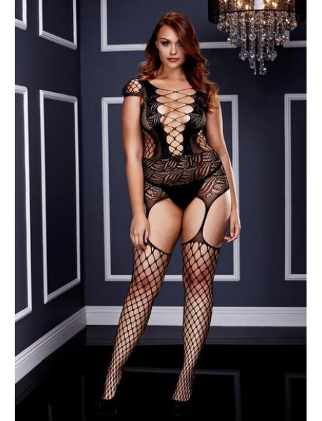 Laced Up Bodysuit and Fishnet Garter Set - QS Laced Up Bodysuit and Fishnet Garter Set - QS