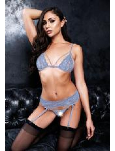3 Piece Bra, Garter and G-String Set - Blue 3 Piece Bra, Garter and G-String Set - Blue