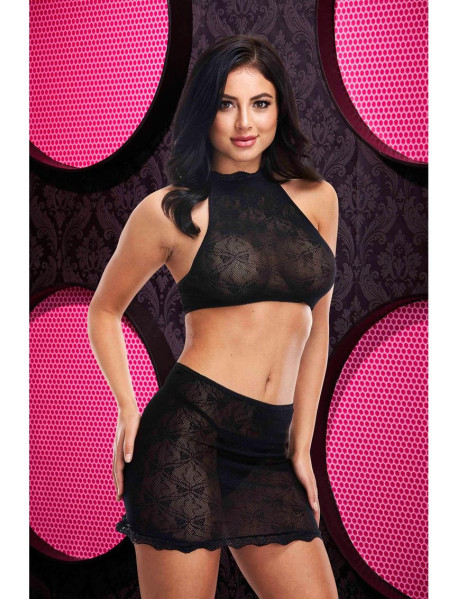JACQUARD CROP TOP and SKIRT SET - BLACK