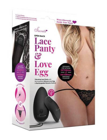 Open Back Lace Panty and Love Egg - Black - QS Open Back Lace Panty and Love Egg - Black - QS