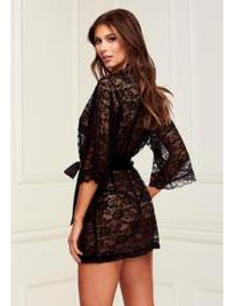 ALLOVER LACE and SATIN ROBE - BLACK ALLOVER LACE and SATIN ROBE - BLACK