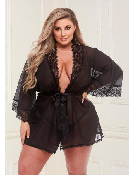 SHEER CHIFFON and LACE ROBE - BLACK - Q SHEER CHIFFON and LACE ROBE - BLACK - Q