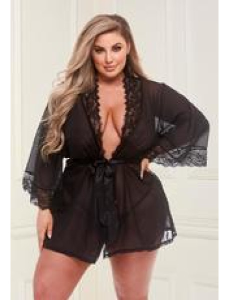 SHEER CHIFFON and LACE ROBE - BLACK - Q SHEER CHIFFON and LACE ROBE - BLACK - Q